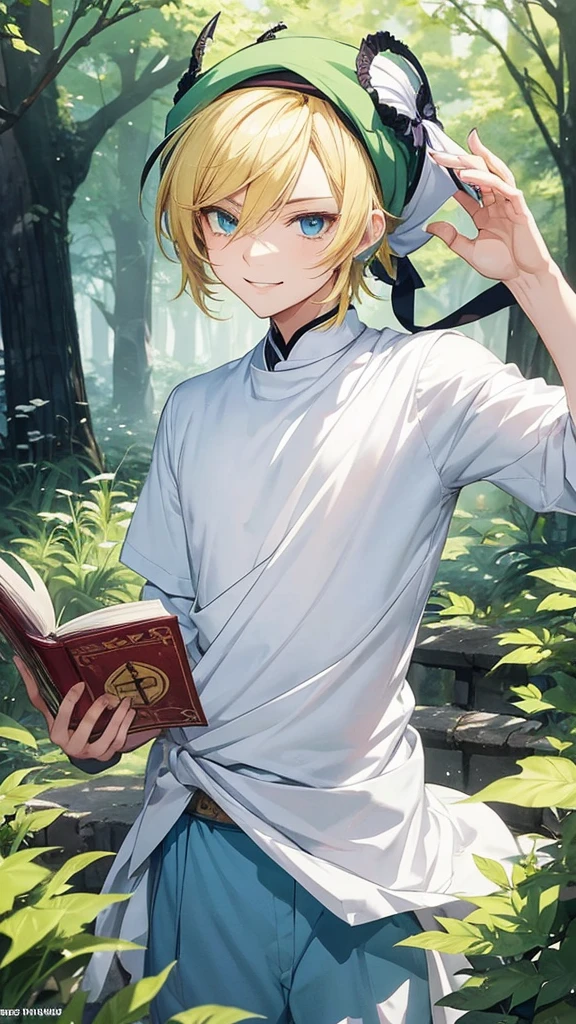 Anime boy with a book in his hand and wearing a hat, Handsome blond-haired man in demon-slaying art, green turban ,smile at the corner of the mouth , แฟนอาร์ต Demon Slayer Rui, official art, Delicate Androgynous Prince, Tall anime guy with blue eyes., Demon Slayer art style, anime moe art style, anime boy, beautiful androgynous prince, As an anime character, anime boy, Rei Hiroe