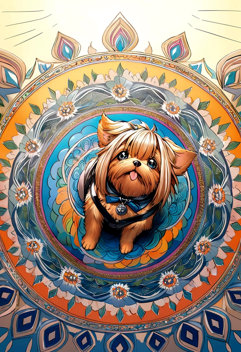 vibrant color drawing of a simple cute dog based mandala,yorkie,Black & silver hair