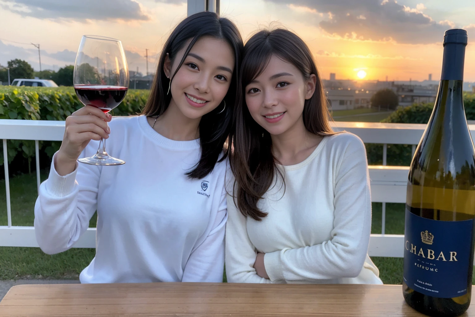 ((Highest quality、、masterpiece:1.3))、1 male、1 female、37 years old 39 years old、Slim Beauty、Beautiful couple、Upper Body、smile、 (Slim face), (the body is スリム), (Brown Hair), (Shortcuts), テーブルのフルコースディナーとwine glass、Amazing view of the sunset sky and clouds、smileの美しさ、Wine bottle、sparkling wine、Long sleeve shirt、dress、White wine, red wine, wine glass, Beautiful fine grain, Depth f/2,saturation, High Contrast, Strong light and shadow,Moist Body:1.5、3D texture、The hair is very shiny、