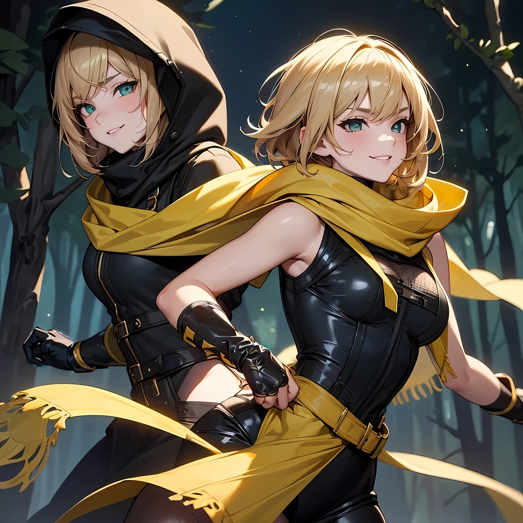 (Super detailed:1.3), ((((best quality)))), ((masterpiece)), female focus, solo, powerful glow, detailed face, detailed eyes, detailed lips,dark forest background,(starry night sky), blue moon,((dirty blonde hair)),short hair,shaggy hair, (brown thief attire), (wearing hood:1.3), green eyes, (pale skin:1.2),((smirk)),almond-shaped eyes,cute face,close-up shot, depth of field, (yellow scarf:1.2),(black hood:1.2),young girl,(teenager),(goggles:1.2),(black mesh undershirt:1.3),brown corset, European ninja,sleeveless,gloves