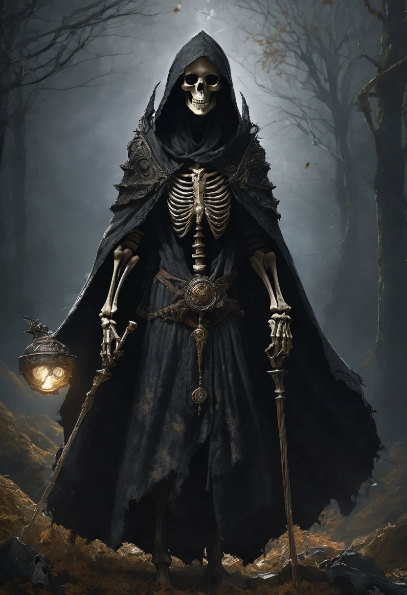 a skeletal necromancer wearing a tattered cloak with a hood, a magical spear made of bone in one hand, wearing a medallion with an eye, detailed skeletal face, detailed skeletal hands, dark fantasy, dramatic lighting, moody atmosphere, cinematic, intricate details, high quality, 8k, dark magic, gothic, fantasy, conceptart, dark and gritty, dramatic shadows, cinematic composition, dramatic pose