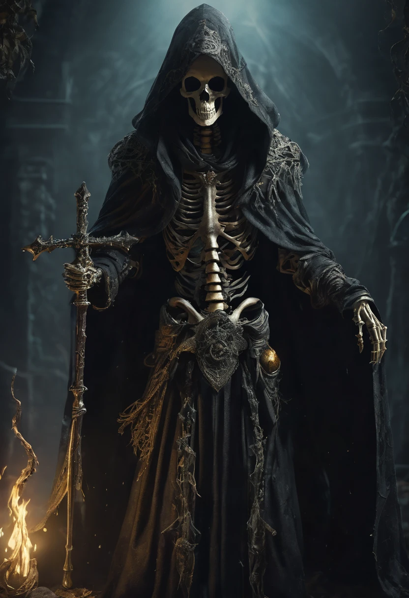 a skeletal necromancer wearing a tattered cloak with a hood, a magical spear made of bone in one hand, wearing a medallion with an eye, detailed skeletal face, detailed skeletal hands, dark fantasy, dramatic lighting, moody atmosphere, cinematic, intricate details, high quality, 8k, dark magic, gothic, fantasy, conceptart, dark and gritty, dramatic shadows, cinematic composition, dramatic pose