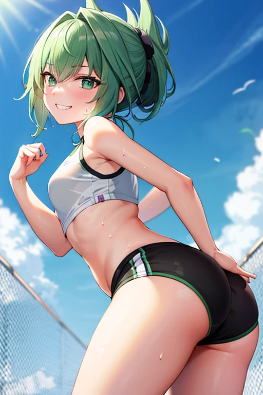 Green hair, folded ponytail, fine eyes, green eyes, masterpiece, sweat, soaked, best quality, hi-res, solo, wicked grin, ass facing you, running action and elegance, white sports short shorts, wet pants, white running shirt, wet shirt, sleeveless, braless, big, park, outdoor (en bikini) ("camisa mojada y de frente de la cámara") (en bikini ) (" mostrando tetas")( "su bikini transparente ")(( sin ropa interior)) (*tocandose una teta*)(("bikini pequeño más pequeño y trasparente")) (("posé sexy sacando la lengua"))  ((" en bikini trasparente"))