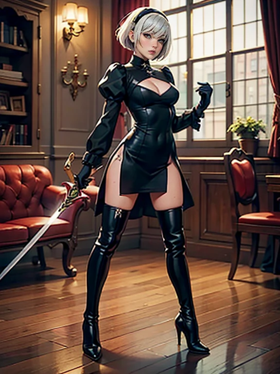 a female fighting video game character, wearing a latex costume with a Dominatrix  and maid, skirt with a riding crop in her hand, short Egyptian-style hair, pale gothic appearance in a background. dungeon style red