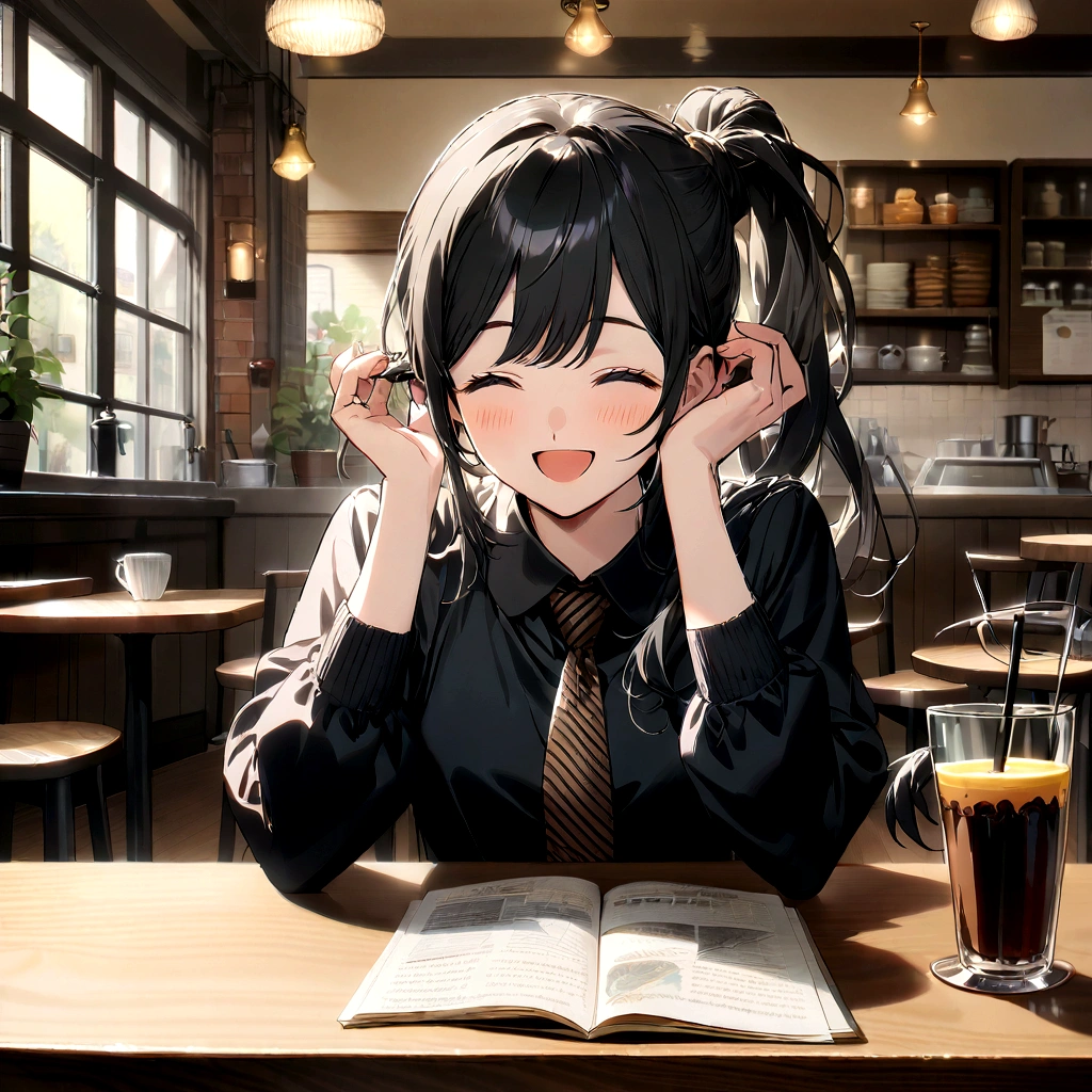 girl, Black Hair, sister, Tie her hair into a ponytail、Laughing at the speaker, High-quality images, Tabletop, beautiful girl, Cafe,