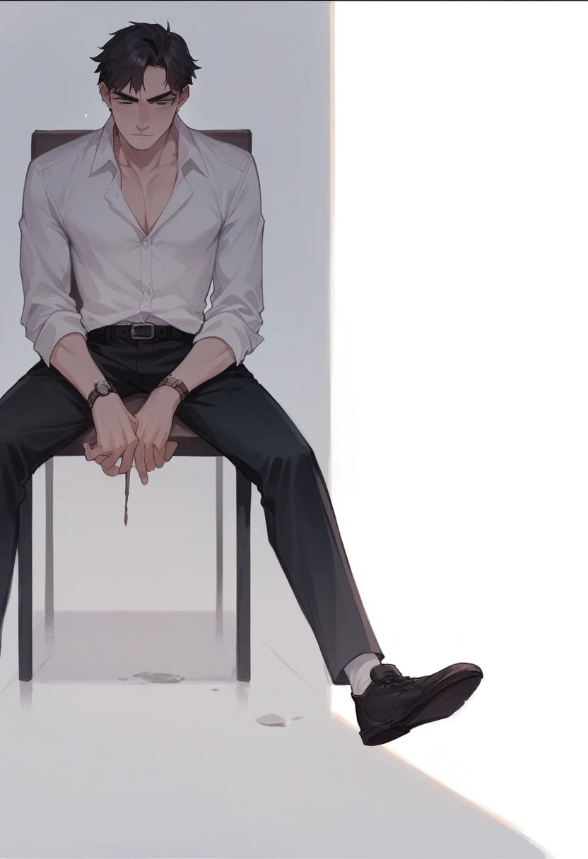 Create a boy sitting on the chair and his eyelids will be down . A handsome boy will 22 years old . He so handsome .