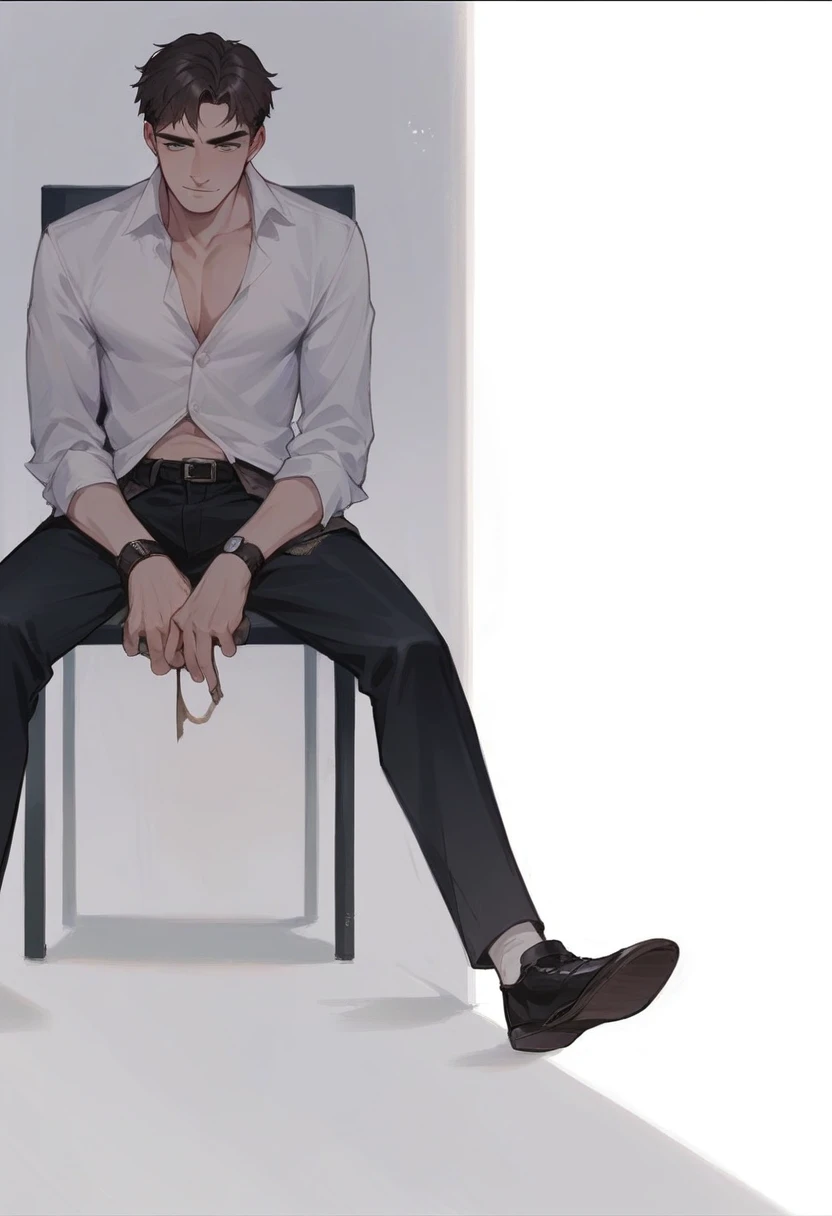 Create a boy sitting on the chair and his eyelids will be down . A handsome boy will 22 years old . He so handsome .