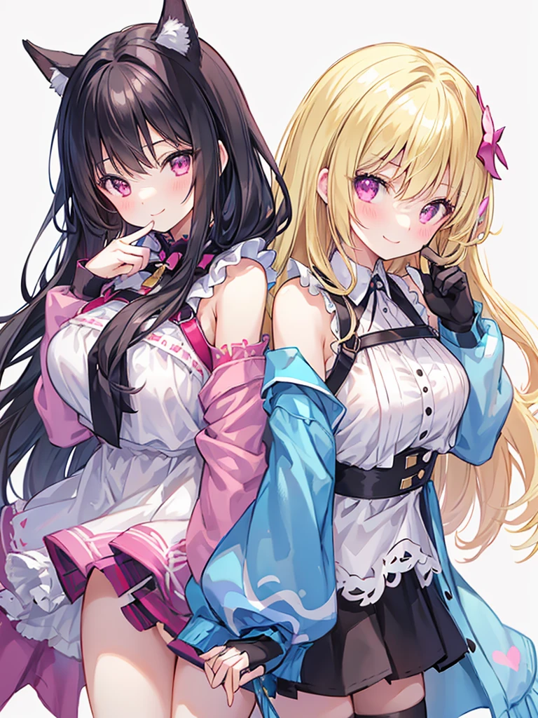 best quality, super fine, 16k, extremely detailed, delicate and dynamic, cute woman, baby face,black hair, pink eyes, A detailed eye, source_anime, high detail, hair ornament, small breasts,light blue bra, light blue panties, Two-side-up,smile、Young features, looking at viewer, (white background:1.3),long-sleeve,fluffy sleeves, fluffy hair、Elementary school girls, Put your hand on your face, hair clips、Black Stockings,standing, underwear,(Mixed wrestling:1.3),、teenage girl、belly button、skirt、cute、beautiful illustrations, highest quality, pretty girl,beautiful girl、clear face、 half girl、pastel colour ,blonde、black hair、smile、blush、にこやかなsmile、thighs、Devil girl and angel girl、(two girls:1.1)、fantasy、fantasy、perfect hands、five fingereet、facing each other、(Two girls are attacking us:1.1)