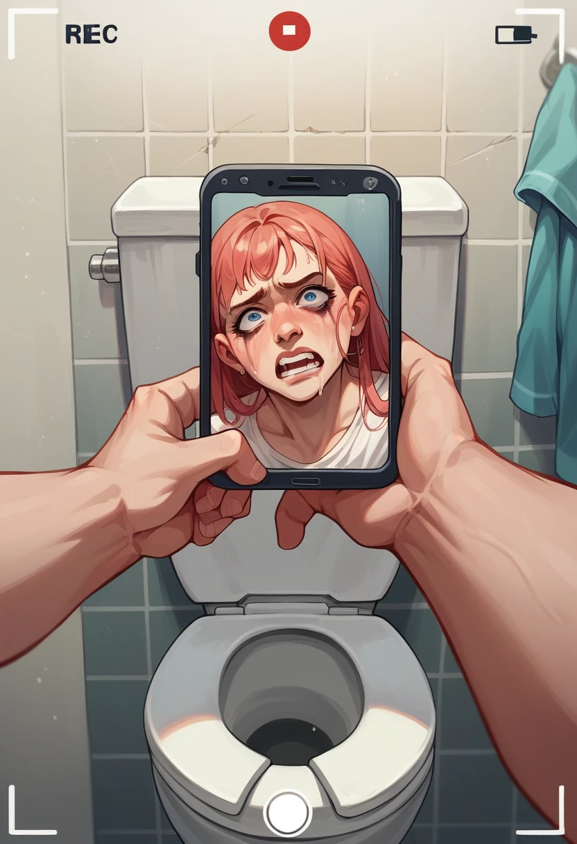 Taking a selfie while sitting in pain on the toilet。Smartphone camera view。BeReal