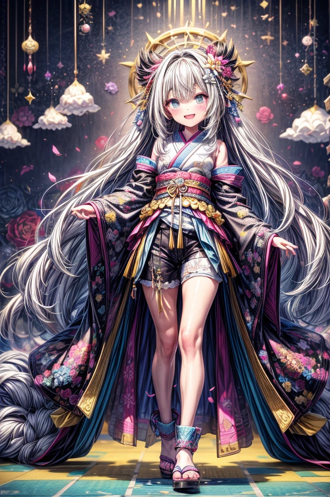 dynamic dancing moves with full of energy and movement, jumping high, full body portrait, happy expression, Japanese festival, with lively action poses, Positive Space, asymmetry, dynamic angle, A detailed illustration of an anime girl with blue eyes wearing a black kimono with Japanese patterns, wearing white cloak white shorts, black tube-top, She has white long hair tied back by a flower hair ornament, with colorful deep blue, black, pink, gold and white colors, surrounded by hexagons with various patterns and textures, Japanese Ancient bridge, happy expression, A black and white checkered pattern background surrounded by hexagons with various patterns in background, floral designs, and geometric shapes, In the background there are some sakura trees., cartoon character design, this is a full body portrait in vibrant colors, colorful illustrations, highly detailed, high resolution, in the style of digital painting, natural lighting,