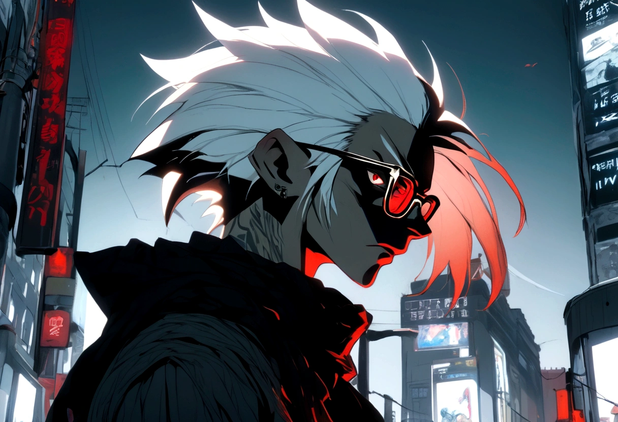 adult anime male skinny hipster with white hair and pointed ears, blood red eyes, glasses, soft jawline, femboy, wearing black and white clothing, pale skin tone, has short hair, have ponytail, wearing hipster outfit, ominous expression, downtown background