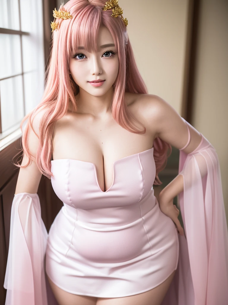 (Highest quality、4K、8K, masterpiece:1.3), Ultra detailed face, Detailed lips, Detailed eyes, double eyelid, 
BREAK, 
smile, standing, (Seductive pose:1.75), 
BREAK,1girl, 20 years old, (Generous Breasts:1.3), (Plump shape:1.5),
BREAK ,
lacus clyne, (purple eyes:1.1), hair ornament, long hair, wave hair ornament, (pink hair),
BREAK,
(Golden hair ornament), ((White Dress, Removable sleeves, Pink sleeves, Short sleeve, Sleeveless dress, Strapless, Strapless dress)),