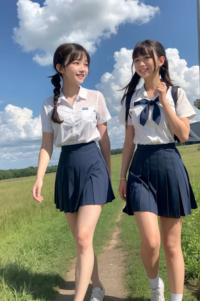 2 girls walking in rural field,cumulonimbus cloud in summer sky,sailor shirt,navy blue pleated skirt,18-year-old,bangs,a little smile,thighs,knees,short hair with low pigtails bunches,from below,front light