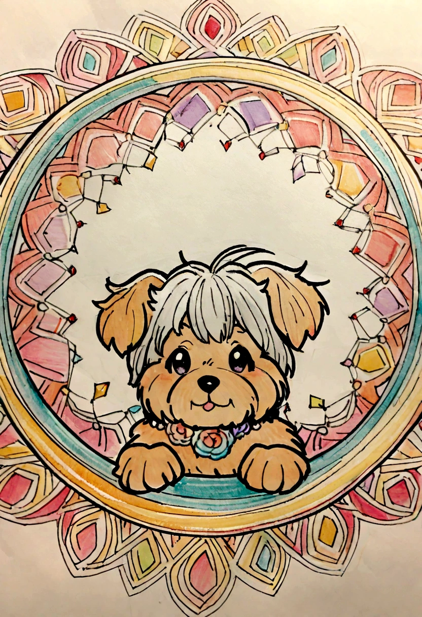 vibrant color drawing of a simple cute dog based mandala,yorkie,Black & silver hair
