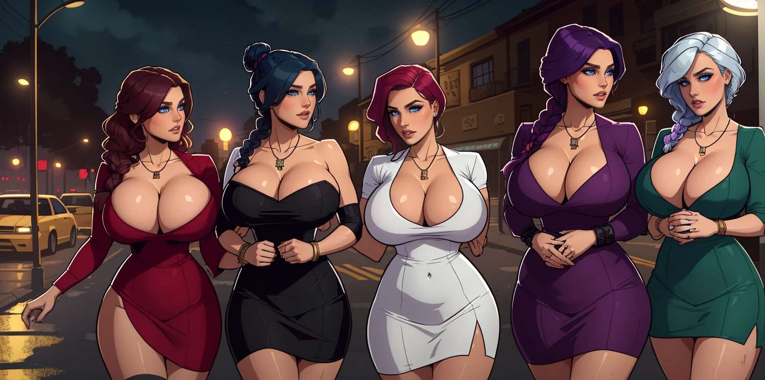 high quality, very detailed, 8k, character design, (realistic cartoon, intricate details), 2.5 D, cartoon animation style, dead or alive character, 4 american women, 4 milf women, 4 women in 1 single image, USA girls, different hair color, red hair, blue hair,black hair, brown hair, white hair, purple hair, different hairstyle, buns, braids, pixie, ponytail, pigtails, short, medium, long, silky, different hair length, different eye shapes and eye colors, different facial features, american female facial features, all having different skin tones, all wearing elite party female slutty dresses with necklace, bangles and garters, slutty and revealing dresses, all having curvaceous figure and XL huge breasts, strong thighs, toned stomach, all slutty party dresses with bodies drenched in semen, drowned in cum, giving lusty expressions, night city in background, standing under a street light, sharp light focus, light and shadow