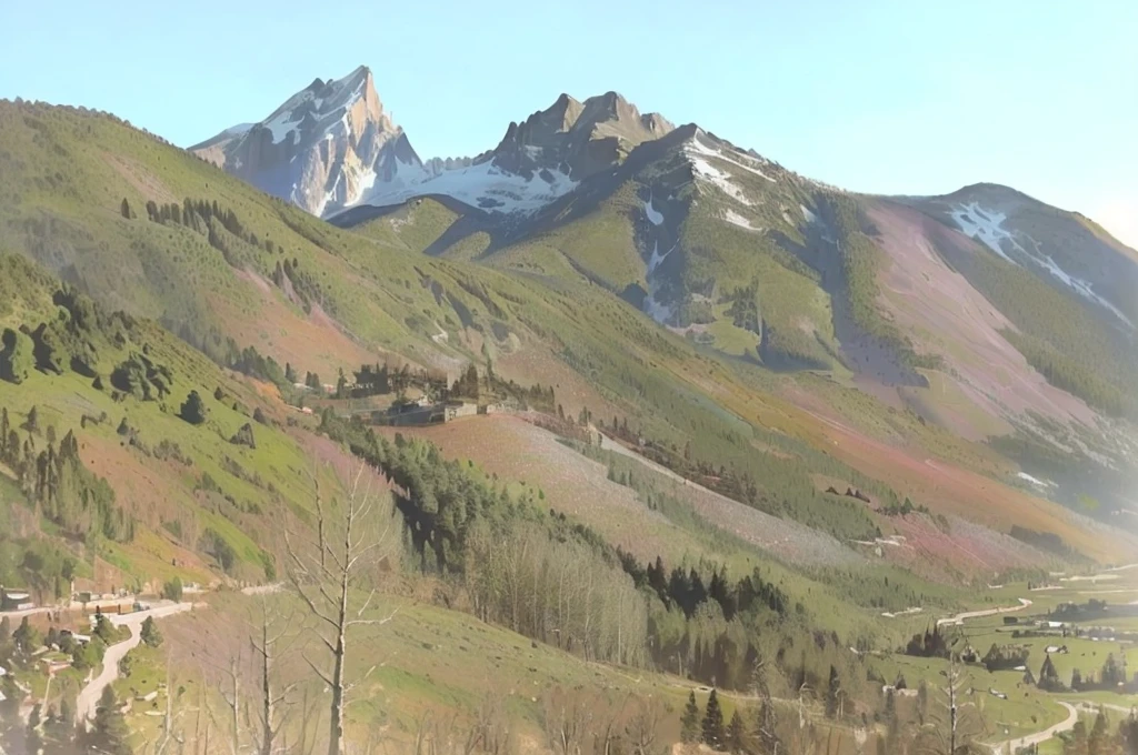 mountains with some trees and some bushes, mountainous area, mountain in the background, Hills and mountains, mountain in the background, mountainous landscape. movie film still, mountain in the background, mountainous setting, mountains around, big mountains behind, view from a distance, some mountains in the background, hills in the background, seen from a distance, lighting and colors in the Impressionist Claude Monet style with shades of lilac, blue and yellow, an atmosphere of speed and power - Claude Monet style impressionist painting
