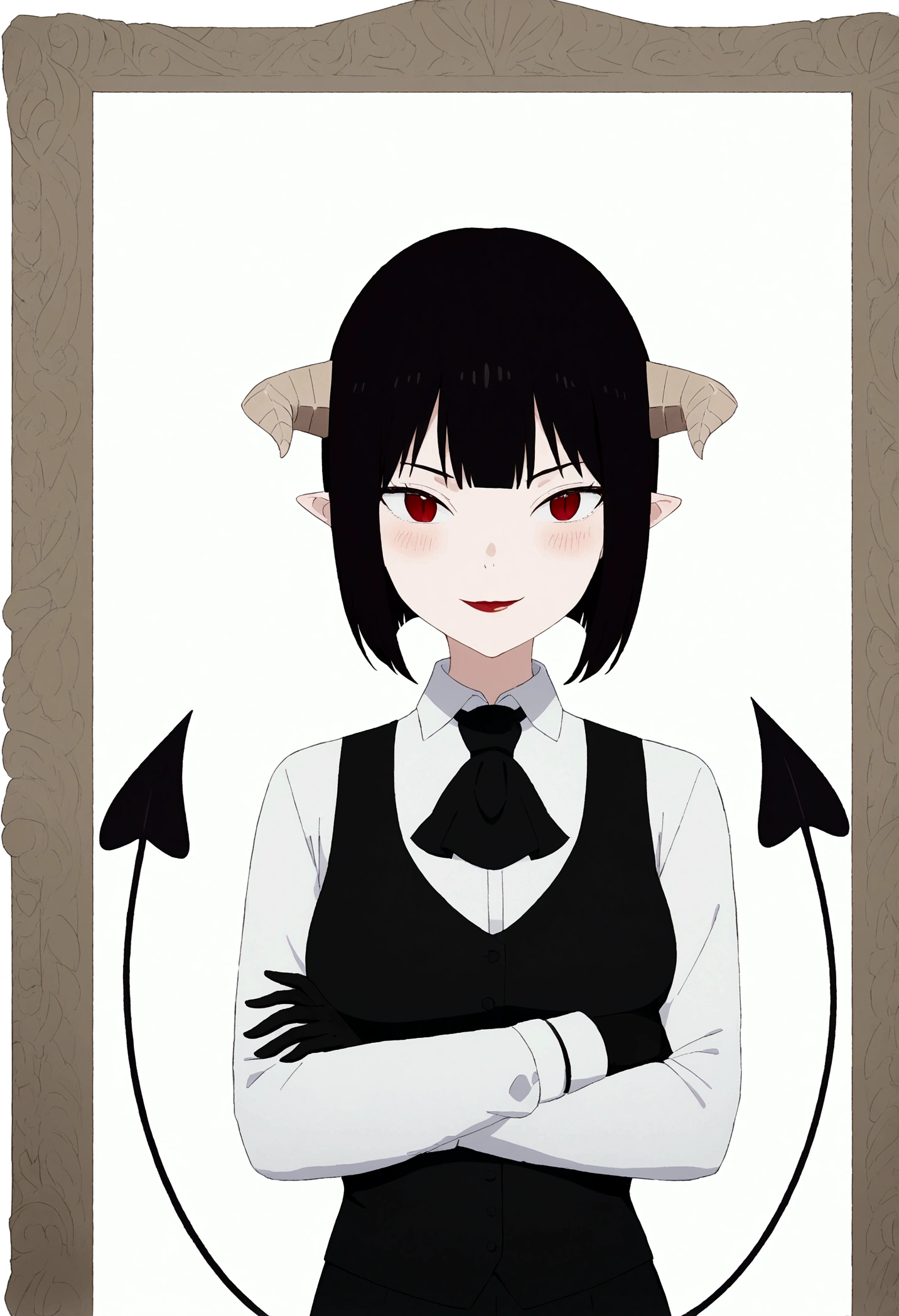 work of art, best qualityer, high resolution, 1girl horns short hair demon tail, white shirt black ascot black gloves black pants black vest , crossed arms,Eyes red,blushed,ssmile