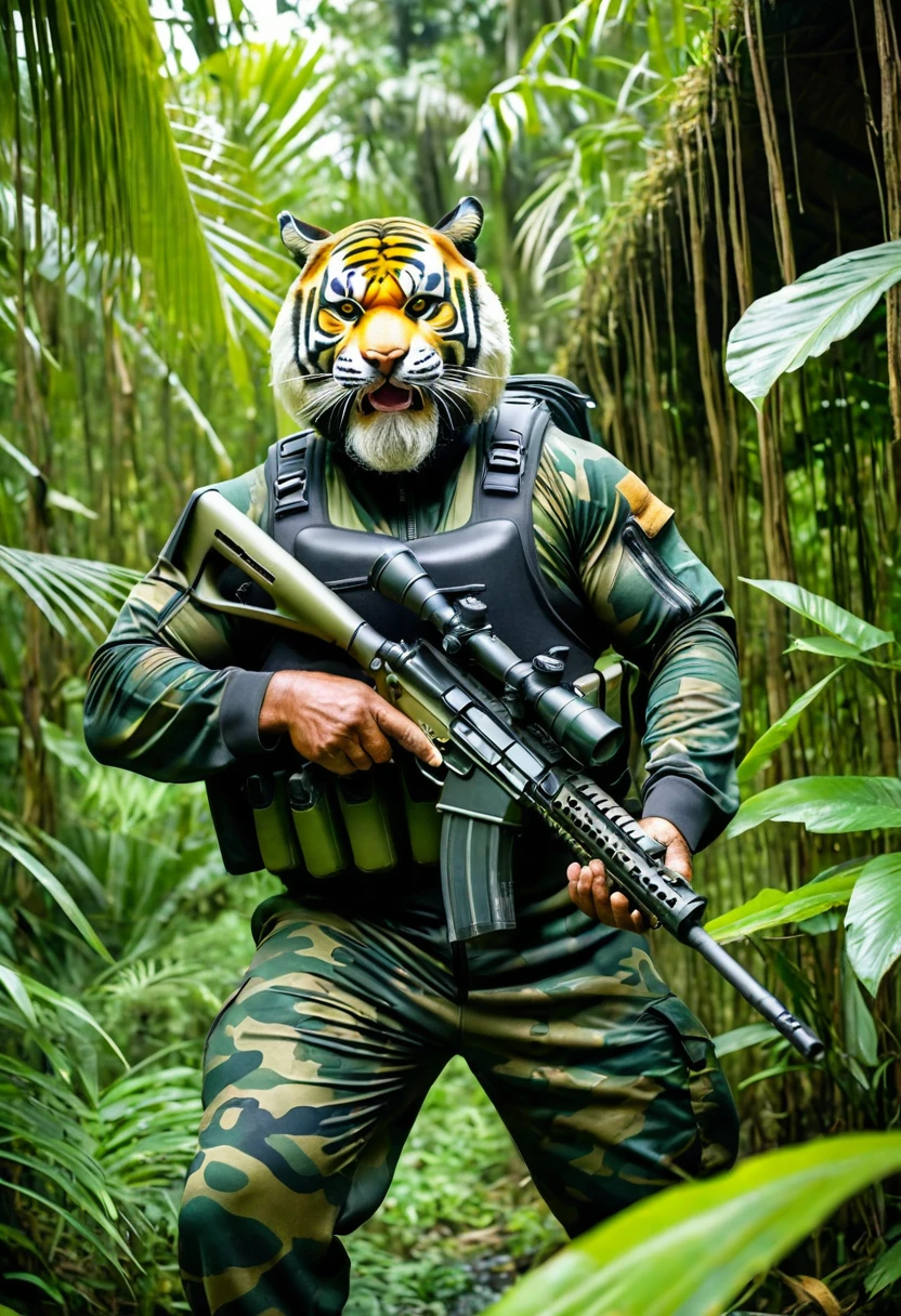 (a dark-skinned bearded fat muscular old man in a bulky army camouflage zipper diver suit), and (wearing realistic roaring siberian tiger mask), patrolling in a jungle and holding sniper rifle, muscular, toned muscles, imposing stature, Basuki Abdullah, sumatraism, action, heroic, fierce