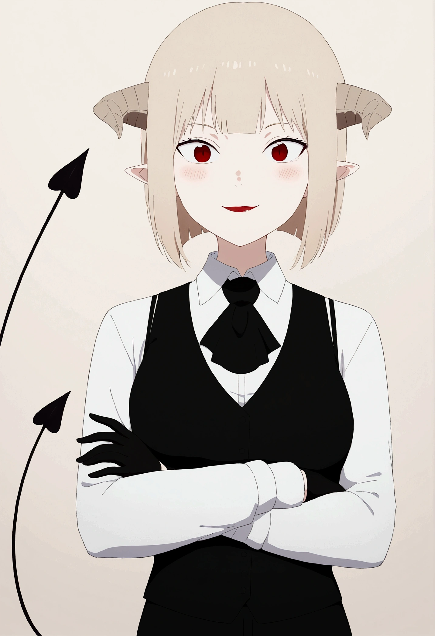 work of art, best qualityer, high resolution, 1girl horns short hair demon tail, white shirt black ascot black gloves black pants black vest , crossed arms,Eyes red,blushed,ssmile,fully body,forst,staring overhead