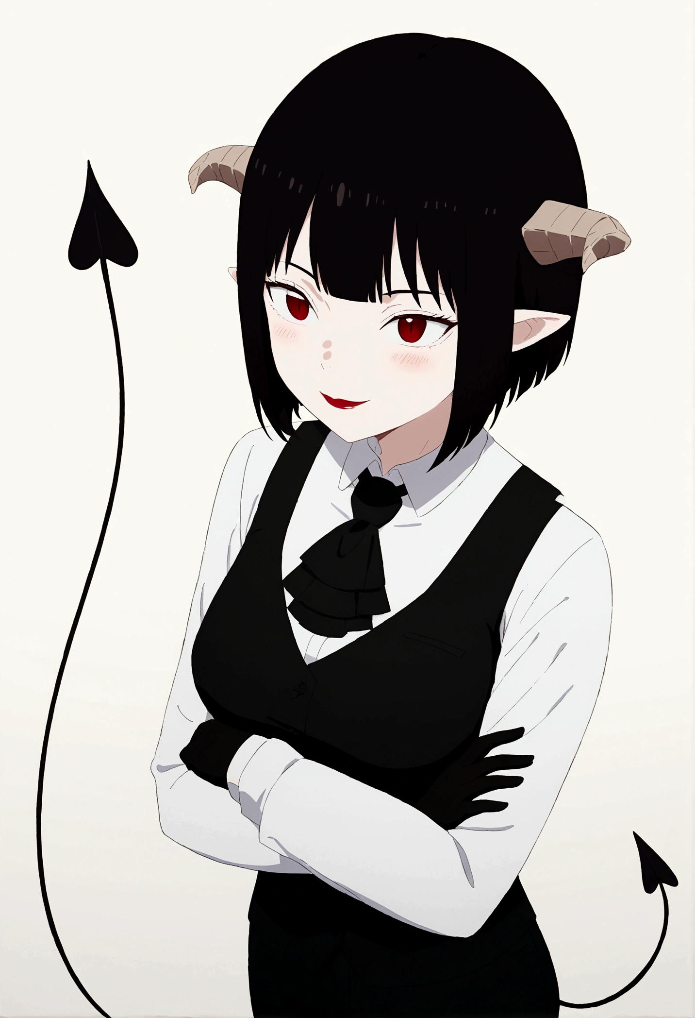 work of art, best qualityer, high resolution, 1girl horns short hair demon tail, white shirt black ascot black gloves black pants black vest , crossed arms,Eyes red,blushed,ssmile,fully body,forst,staring overhead