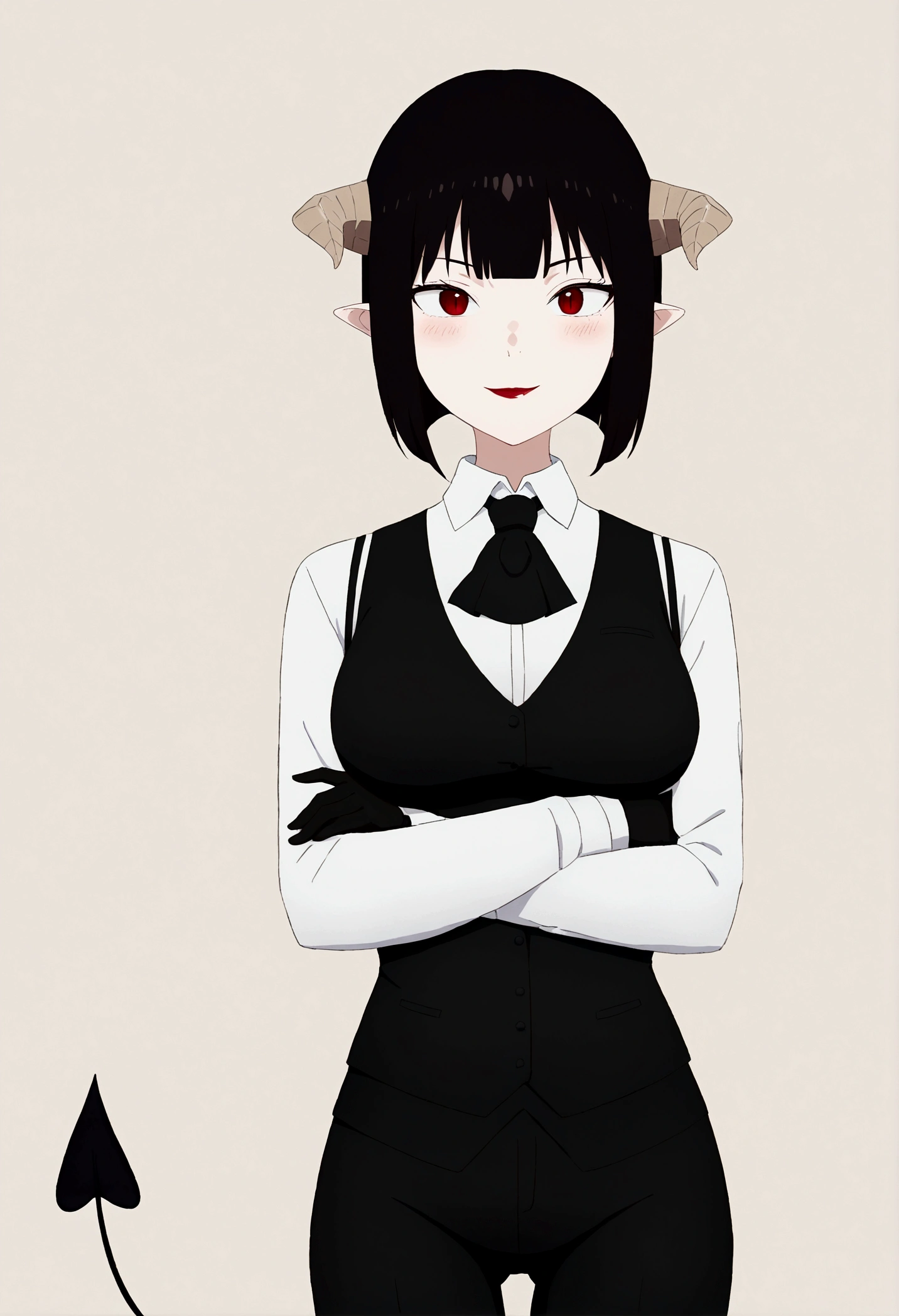 work of art, best qualityer, high resolution, 1girl horns short hair demon tail, white shirt black ascot black gloves black pants black vest , crossed arms,Eyes red,blushed,ssmile,fully body,forst,staring overhead