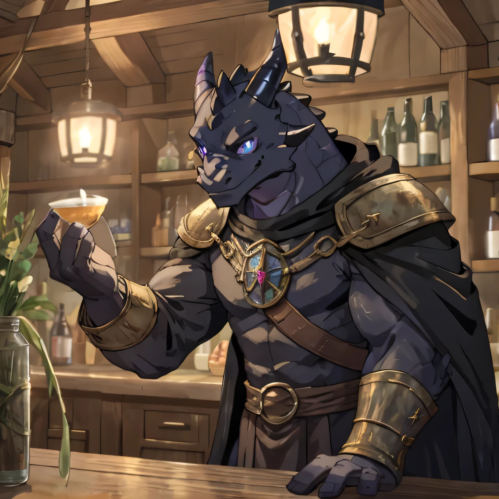 （Young Dragonborn、ancient time Bar Master、dark magic bar、Standing behind the counter、Clasp your hands in front of you）Black body、Black cloak、ancient like clothes、Narrowed Eyes with mischief Smile、A toned, dragon body、Four black horns、Dimly sparkling purple eyes、Dark Tavern、Inside dark magic the store、cool、front、dimly lights inside、mysterious atmosphere、