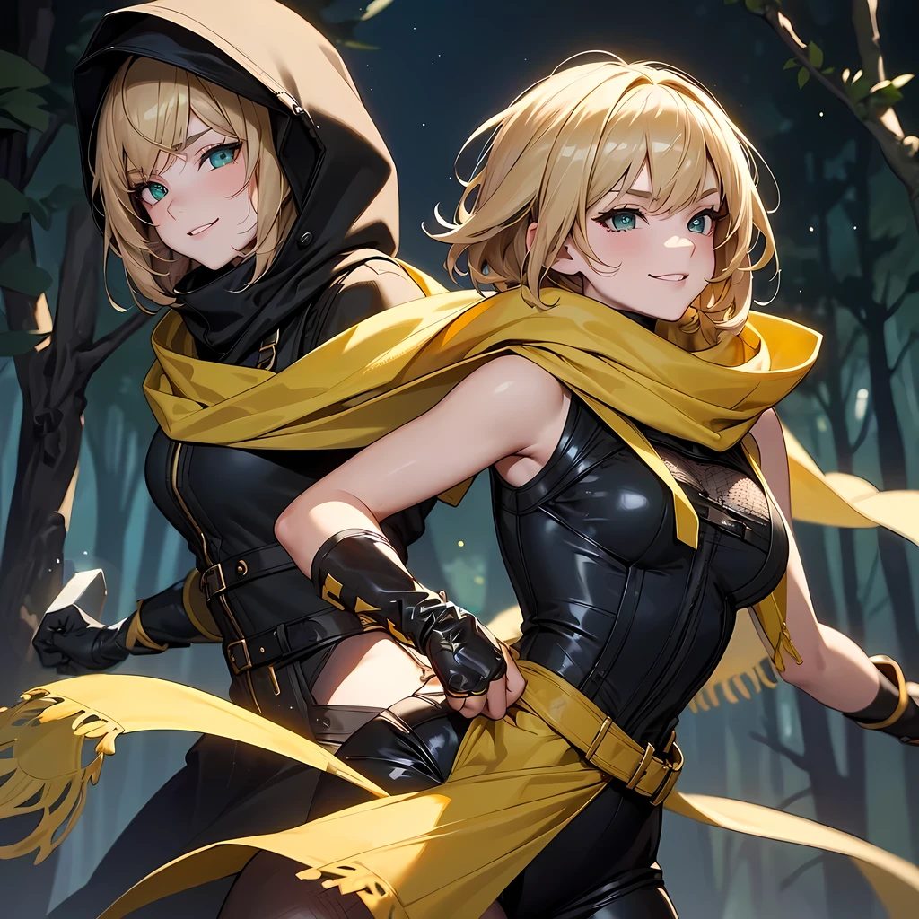 (Super detailed:1.3), ((((best quality)))), ((masterpiece)), female focus, solo, powerful glow, detailed face, detailed eyes, detailed lips,dark forest background,(starry night sky), blue moon,((dirty blonde hair)),short hair,shaggy hair, (brown thief attire), (wearing hood:1.3), green eyes, (pale skin:1.2),((smirk)),almond-shaped eyes,cute face,close-up shot, depth of field, (yellow scarf:1.2),(black hood:1.2),young girl,(teenager),(goggles:1.2),(black mesh undershirt:1.3),brown corset, European ninja,sleeveless,gloves