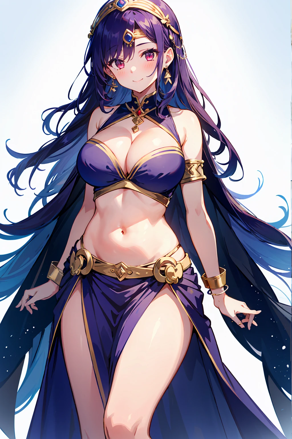 1girl, belly dancer, white background, cowboy shot, red eyes, long hair, purple hair, harem outfit, bikini, pelvic curtain, purple costume, bare legs, circlet, earrings, armlets, bracelets, bashful smile, large breasts, cleavage, soft stomach