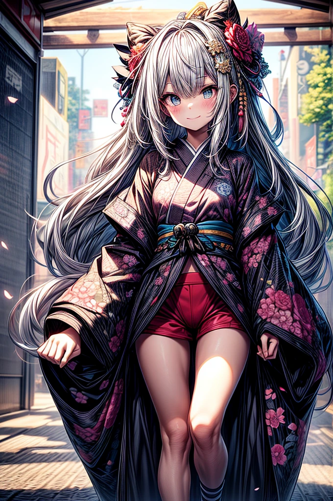 dynamic dancing moves with full of energy and movement, jumping high, full body portrait, happy expression, Japanese festival, with lively action poses, Positive Space, asymmetry, dynamic angle, A detailed illustration of an anime girl with blue eyes wearing a black kimono with Japanese patterns, wearing white cloak white shorts, black tube-top, She has white long hair tied back by a flower hair ornament, with colorful deep blue, black, pink, gold and white colors, surrounded by hexagons with various patterns and textures, Japanese Ancient bridge, happy expression, A black and white checkered pattern background surrounded by hexagons with various patterns in background, floral designs, and geometric shapes, In the background there are some sakura trees., cartoon character design, this is a full body portrait in vibrant colors, colorful illustrations, highly detailed, high resolution, in the style of digital painting, natural lighting,