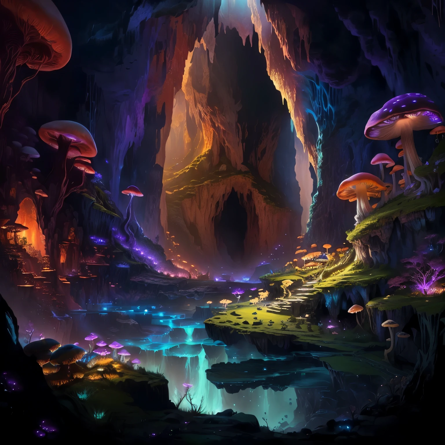 a close up of a cave with a river and mushrooms, magical cave, beautiful fantasy cave scene, mythical gigantic space cavern, background art, detailed fantasy digital art, magical environment, detailed digital 2d fantasy art, alien environment, cave setting, digital 2d fantasy art, ancient cave, deep environment, wonderland portal, cave background, lush alien landscape, detailed fantasy illustration