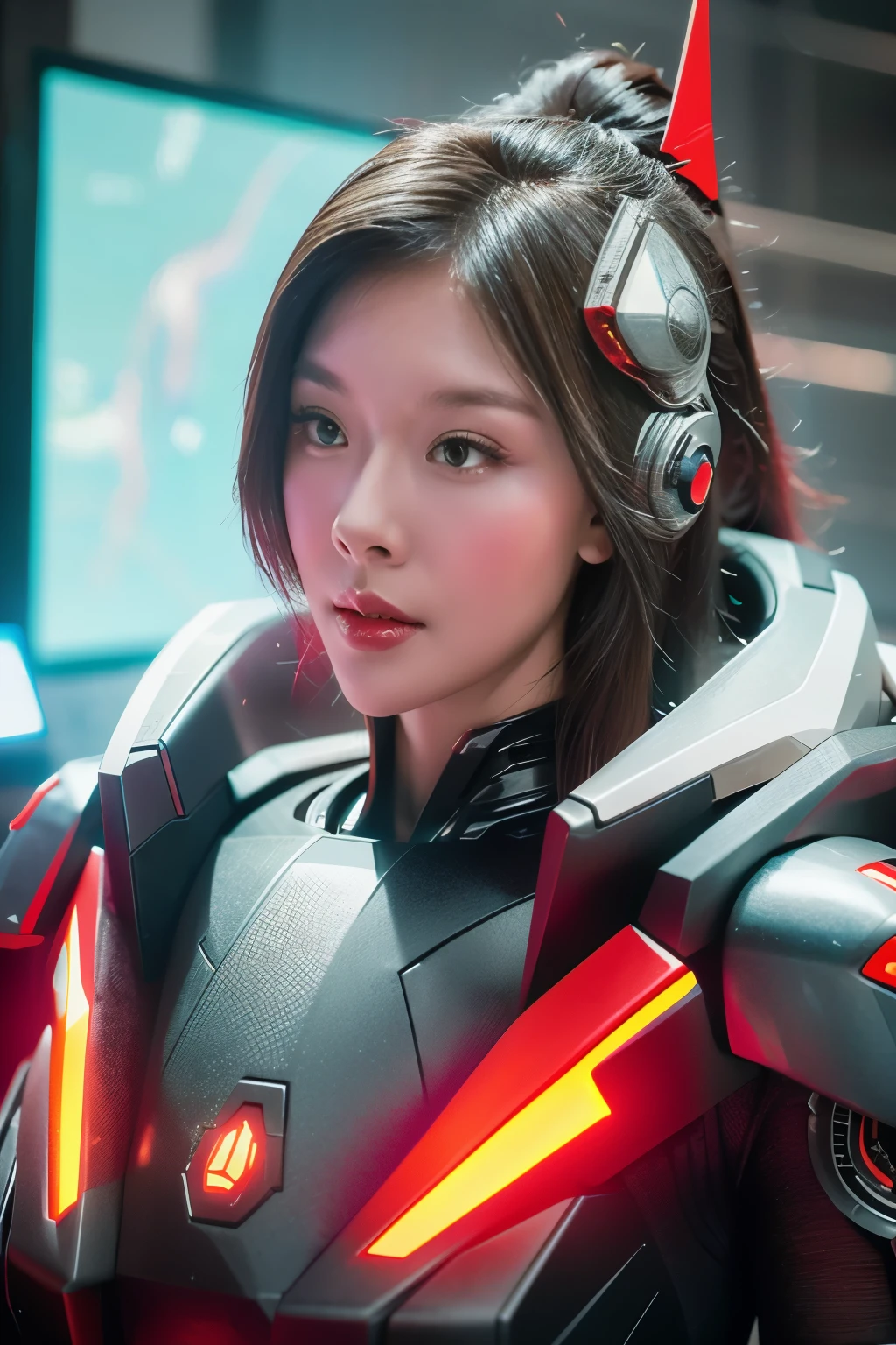 game art，best picture quality，Highest resolution，8k，((A half-length photo))，((portrait))，(rule of thirds)，Unreal Engine 5 rendering works， (Future girl)，(female warrior)， 22-year-old young hacker)，(ancient oriental hairstyle)，(Beautiful eyes full of details)，(big breasts)，(eye shadow)，Elegant and charming，indifferent，((frown))，(Combat suit full of futuristic technology，The costume combines futuristic power armor and，Clothing is decorated with glittering patterns and emblems)，cyberpunk characters，in the style of futuristic， photo poses，city background，lamp，Ray tracing，Game CG，((3D Unreal Engine))，OC rendering reflection pattern