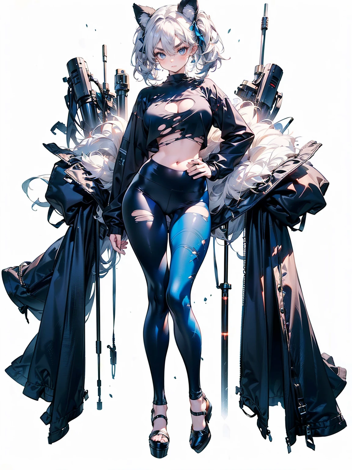 (White Hair Girl), (Thick, dark blue eyebrows:1.4), (Dark blue eyebrows:1.7), (Thick eyebrows:1.3), (Huge black fluffy animal ears:1.1), (Black animal ears:1.1), BREAK, (((Mesh Stitching Crop T-Shirt, Cutout Long Sleeve Top))),BREAK, (Big Breasts:1.2, Thick legs, Adult female body, Sturdy body:1.2), ((full body:1.7, Contrapposto:1.5)), (sharp eyes, Ultra-high definition CG, Precisely designed costumes, 4K, 8K, Ultra-high definition CG, Precisely designed costumes, Clear lines, Expressive and Captivating Eyes, Fine Details and Realistic Textures, cinematic lighting), ((white background)), BREAK, (Wearing black leggings with holes), Skinny sleeves, (Torn and holey leggings:1.2)(Black leggings:1.4), (過剰なRuggedThick soleブーツを履いています:1.2), (Thick sole:1.5), (Big shoes:1.3), ((Lightsabers:1.3, embarrassed))