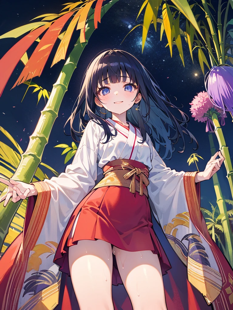 1girl, from below, smile, pretty, black hair, cowboy shot, (buruma:1.2), Bamboo leaf, Tanabata, milky way, Strip, Blunt bangs, (VEGA), Sweaty