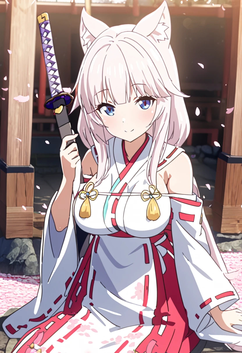 1 girl, tall girl, ((solo)), (cat ears, pompom in cat ears:1.2), (white ears, two ears), white long hair, (katana, katana sword, wearing katana sword:1.2), (Full Breasts), High Height,masterpiece, high resolution, shiny, full body, beautiful,A cute smile that makes the viewer happy, highly detailed beautiful face and eyes,looking at viewer, (miko,shrine maiden clothes:1.2), (Female Warrior), (shrine), sunlight, (petals, cherry blossom, sakura), 4k, 8k,
