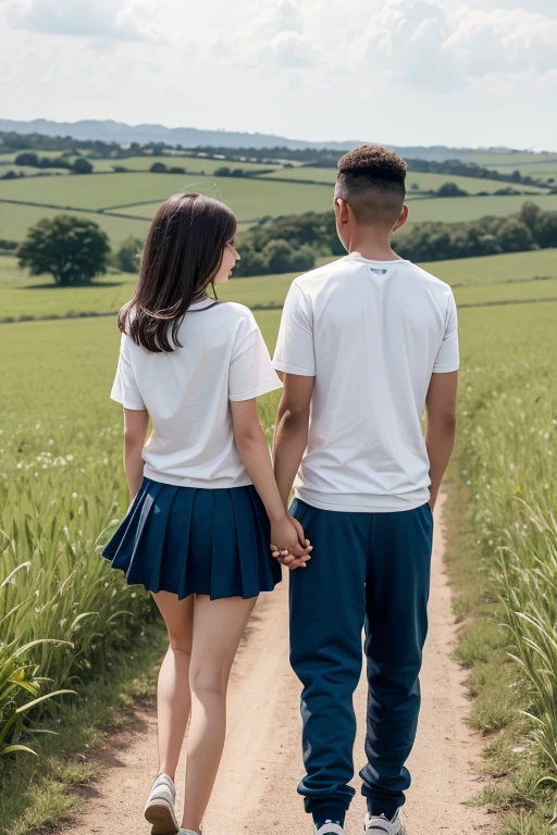 A photo of a girl and a boy who are dating in a field who are from Paraguay with white skin looking at the landscape the boy with sweatpants and the girl with a skirt are with their backs landscape sitting holding hands