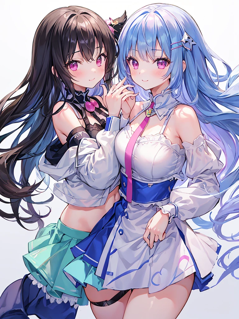 best quality, super fine, 16k, extremely detailed, delicate and dynamic, cute woman, ,black hair, pink eyes, A detailed eye, source_anime, high detail, hair ornament, small breasts,light blue bra, light blue panties, Two-side-up,smile、Young features, looking at viewer, (white background:1.3),long-sleeve,fluffy sleeves, fluffy hair、Elementarr hand on your face, hair clips、Black Stockings,standing, underwear,(Mixed wrestling:1.3),、teenage girl、belly button、skirt、autiful illustrations, highest quality, pretty girl,beautiful girl、clear face、 half girl、pastel colour ,blonde、black hair、smile、blush、にこやかなsmile、thighs、(two girls:1.1)、fantasy、fantasy、perfect hands、five fingereet、facing each other、(Two girls are attacking us:1.1)