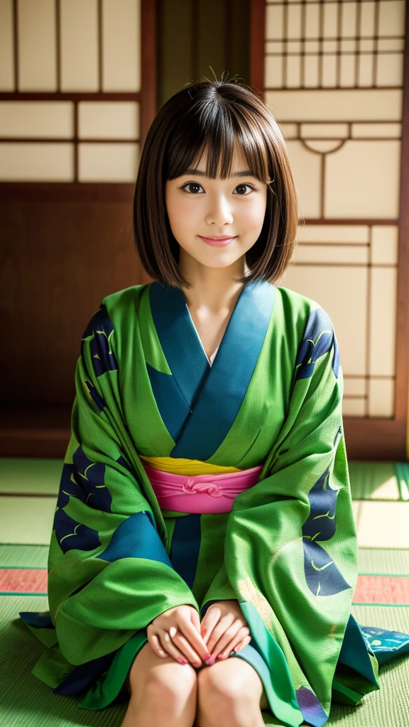 Best-quality, Masterpiece, Ultra-High-Resolution, (Photorealistic:1.4), Raw-Photo, Extremely-Details, Perfect-Anatomy, 1girl, 18-years-old, the most famous Japanese actress, in Japanese-style room, sitting SEIZA on green TATAMI, wearing brightly colored KIMONO, detailed extremely cute face like a most popular Japanese actress, detailed extremely beautiful big black solid circle eyes, detailed extremely beautiful black short-cut-haired, detailed brightly colored KIMONO, detailed green TATAMI, detailed Japanese-style room, detailed extremely beautiful realistic skins