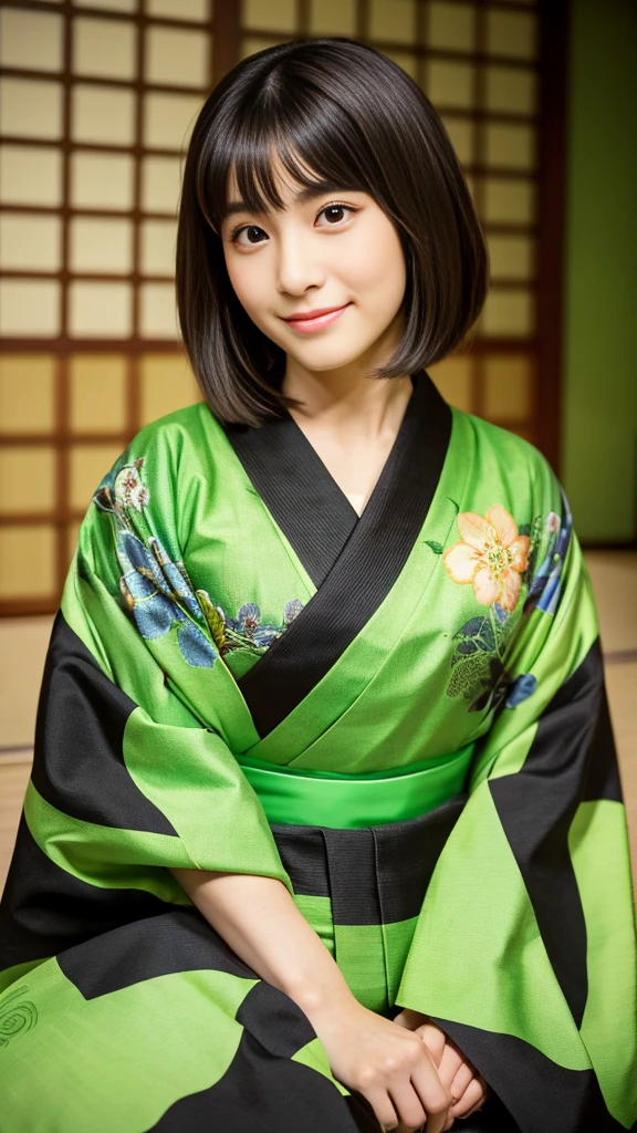 Best-quality, Masterpiece, Ultra-High-Resolution, (Photorealistic:1.4), Raw-Photo, Extremely-Details, Perfect-Anatomy, 1girl, 18-years-old, the most famous Japanese actress, in Japanese-style room, sitting SEIZA on green TATAMI, wearing brightly colored KIMONO, detailed extremely cute face like a most popular Japanese actress, detailed extremely beautiful big black solid circle eyes, detailed extremely beautiful black short-cut-haired, detailed brightly colored KIMONO, detailed green TATAMI, detailed Japanese-style room, detailed extremely beautiful realistic skins