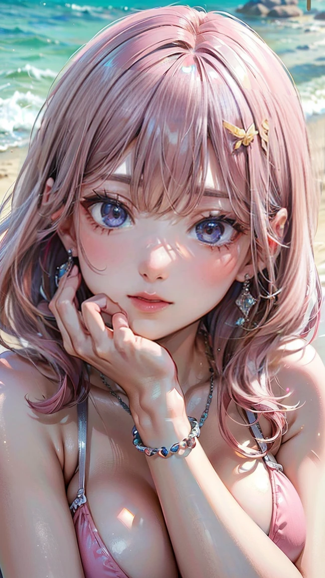 (Masterpiece, BestQuality:1.3), (ultra detailed:1.2), (hyperrealistic:1.3), (RAW photo:1.2), High detail RAW color photo, professional photograph, (Photorealistic:1.4), (realistic:1.4), professional lighting, perfect anatomy, (Big Breasts:1.2), (blush, detailed face), (cheerful Smile:1.5), (Pink Hair:1.5), Trending Hair&Trending Hairカラーをランダムに, earrings, necklace, bracelet, sexly, erotic sexly, Random sexy gravure poses, (On the beach、Sexy beauty in a white micro bikini。Dip your toes in the waves、flash a seductive smile at the camera。Silver anklets add an erotic touch。: 1.3)