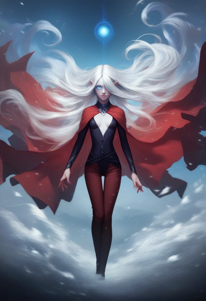 Girl, halfling girl, halfling, pale skin, short, short stature, very long hair, silver hair, straight hair that curls at the end, small breasts, pouty lips, masterpiece, best quality, dynamic pose, 8k, hair covering one eye, anime eyes, bright eyes, detailed eyes, big round eyes, blue eyes, realistic eyes, wind, windy, eyeliner, shy personality, detailed outfit, cold outside,wearing lots of belts, wind magic, sfw, dungeons and dragons, fantasy, adventurer, adventurer outfit, fantasy outfit