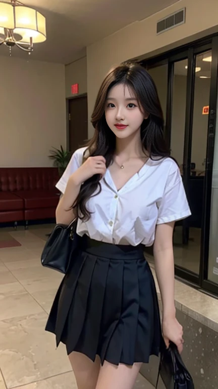 1 Girl,Lobby,Soft Light,Chinese Beauty,Tight Fit,Pleated Skirt,Dark-haired,long hair