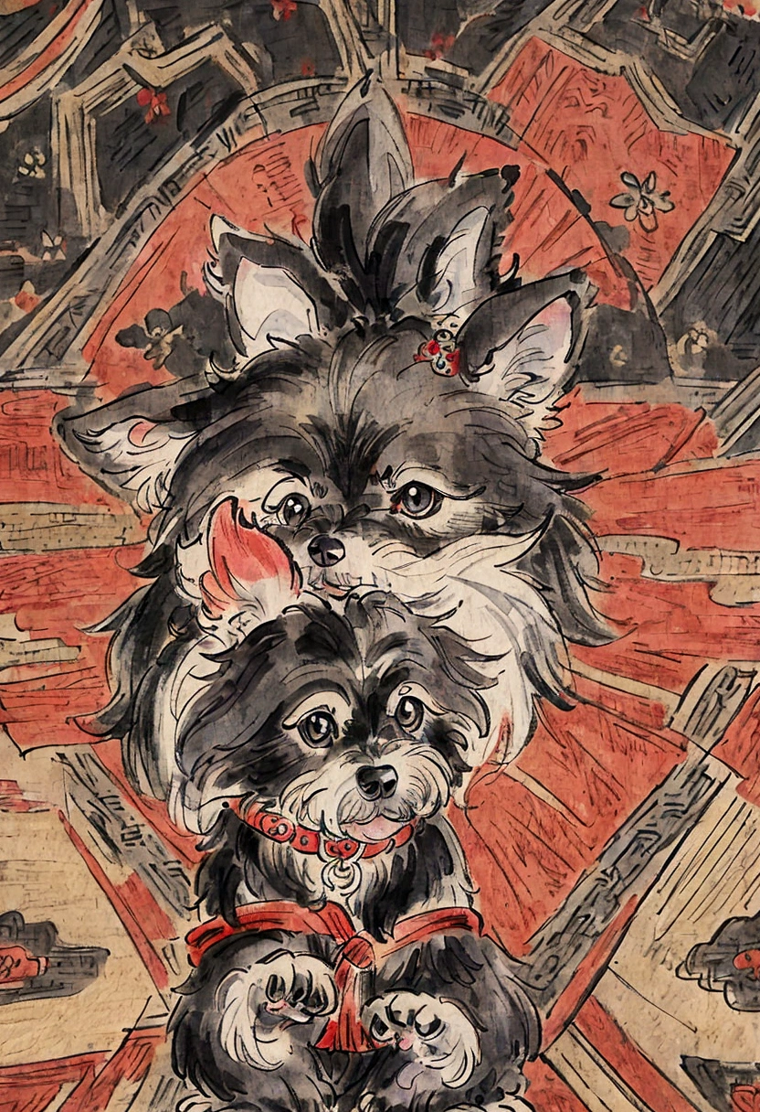 vibrant color drawing of a simple cute dog based mandala,yorkie,Black & silver hair