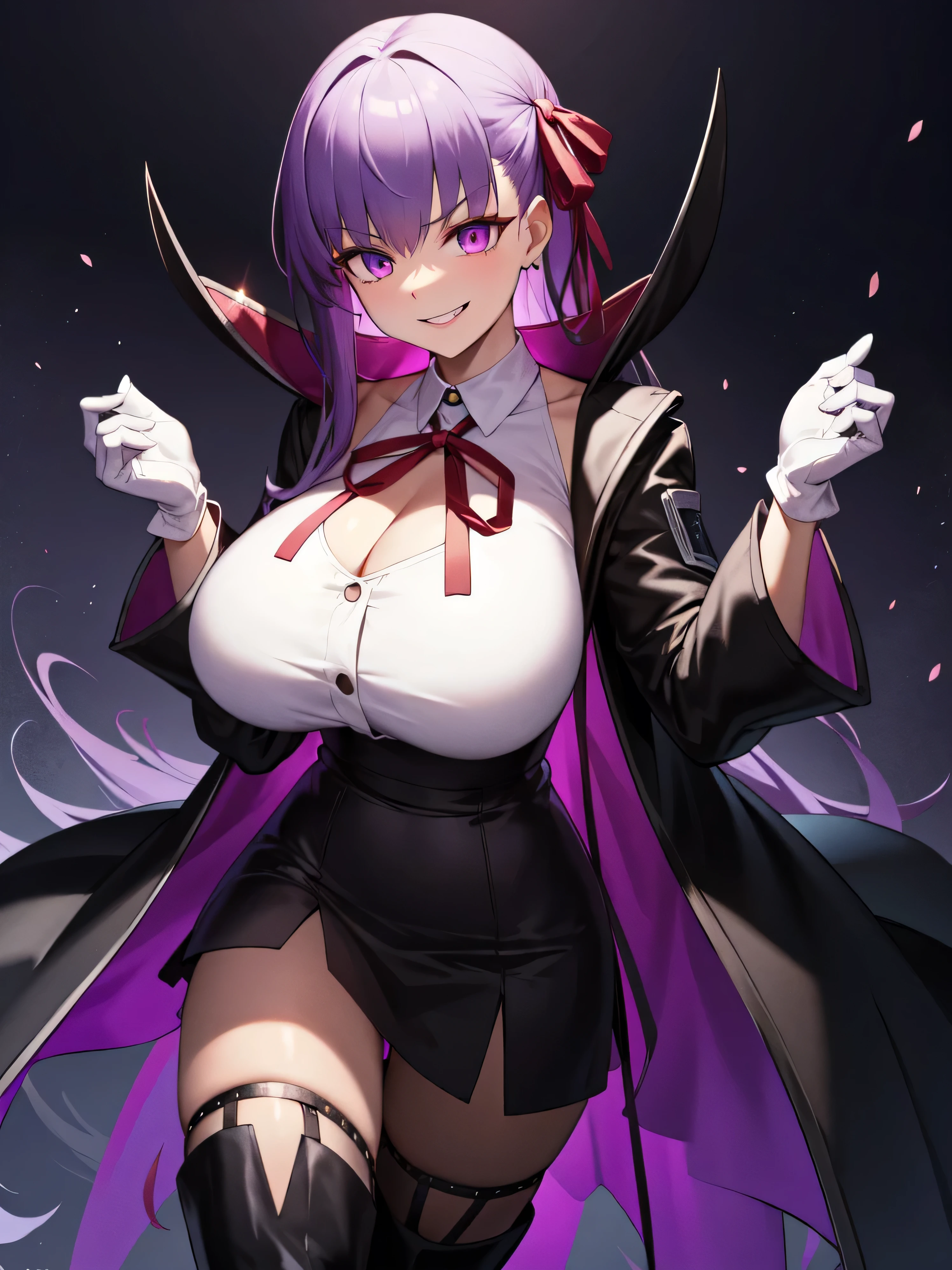 isometric, mid shot, night, ,,, purple hair, black jacket, white shirt, black skirt, red ribbon, big breasts, purple eyes, white gloves, long hair, big collar, evil smile,,thighhigh boots,(evil smile:1.3),Highly detailed CG Unity 8K wallpaper, perfect lighting,laugh at,too evil smile,too evil smirk,looking down at viewer,,smile bad,deep shaded face,too evil fall,dark world background,