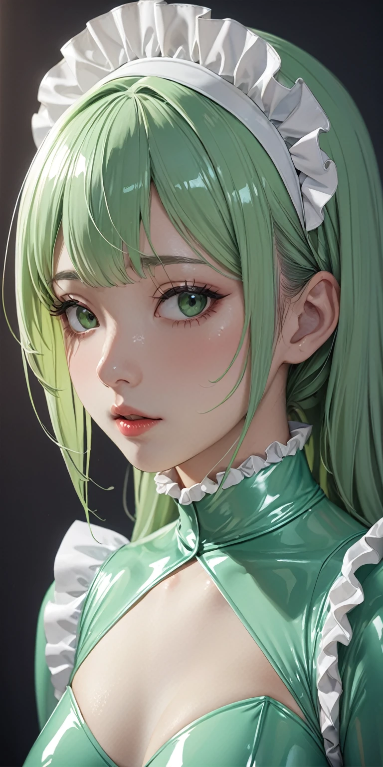 Portraiture、Close-up shot from chest up、(masterpiece,Highest quality,Ultra-high resolution),Japanese women, (((Very beautiful 25 year old girl))),(Pale green latex maid outfit)、(A long-sleeved latex shirt that covers the upper body)、Latex gloves、Frills、The clothes fit snugly to the body、Latex is very shiny、Dark Room