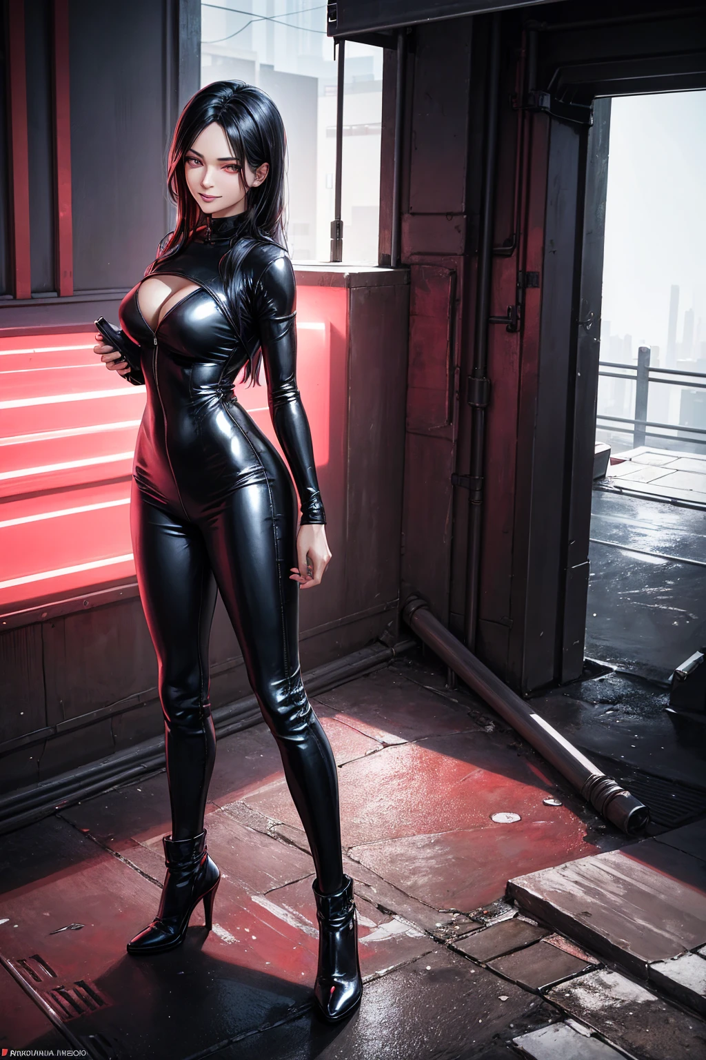 a woman with a seductive expression, loving smile, long black hair, his super detailed glowing eyes, Full lips painted red, chiseled physique and wide hips. He wears a closed black leather jumpsuit., whose shiny surface accentuates its shape. A hooded jacket with a neon pink interior covers your shoulders and a pleased skirt. Walking down a dark alley,  This image oozes realism., capturing the essence of a fragile and ashamed figure. digital art, photorealistic and high definition technique