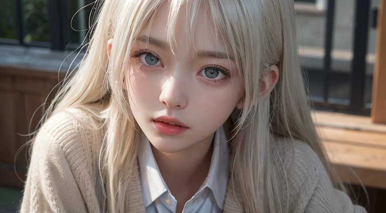 (Long Hair, bangs, Platinum Blonde Hair:1.2),(Wear a cardigan over a collared shirt:1.2),1 girl,Japanese,21 years old,(Small :1.3),(Highest quality,masterpiece:1.3,超A high resolution,),(Ultra-detailed,Caustics),(Photorealistic:1.4,RAW shooting,)Ultra-Realistic Capture,Very detailed,High resolution 16K human skin close-up。 Natural skin texture、,Pores、、It needs to be detailed enough to be easily identifiable。 Skin should be even-toned and healthy looking。 Use natural light and colour, Sad expression, Looking at the camera, Perfect dynamic composition, Outdoor