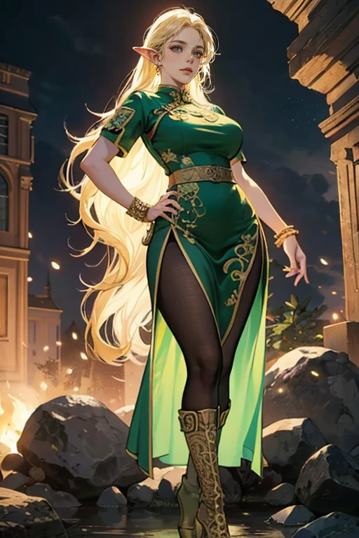 a beautiful elf girl with long flowing blonde hair, light green eyes, thin delicate lips, round soft face, large breasts, wide hips, wearing a black qipao dress with golden embroidery and large side slits, black pantyhose or brown leotards, spike bracelets and tall white boots, hyper realistic, 8k, highly detailed, cinematic lighting, masterpiece