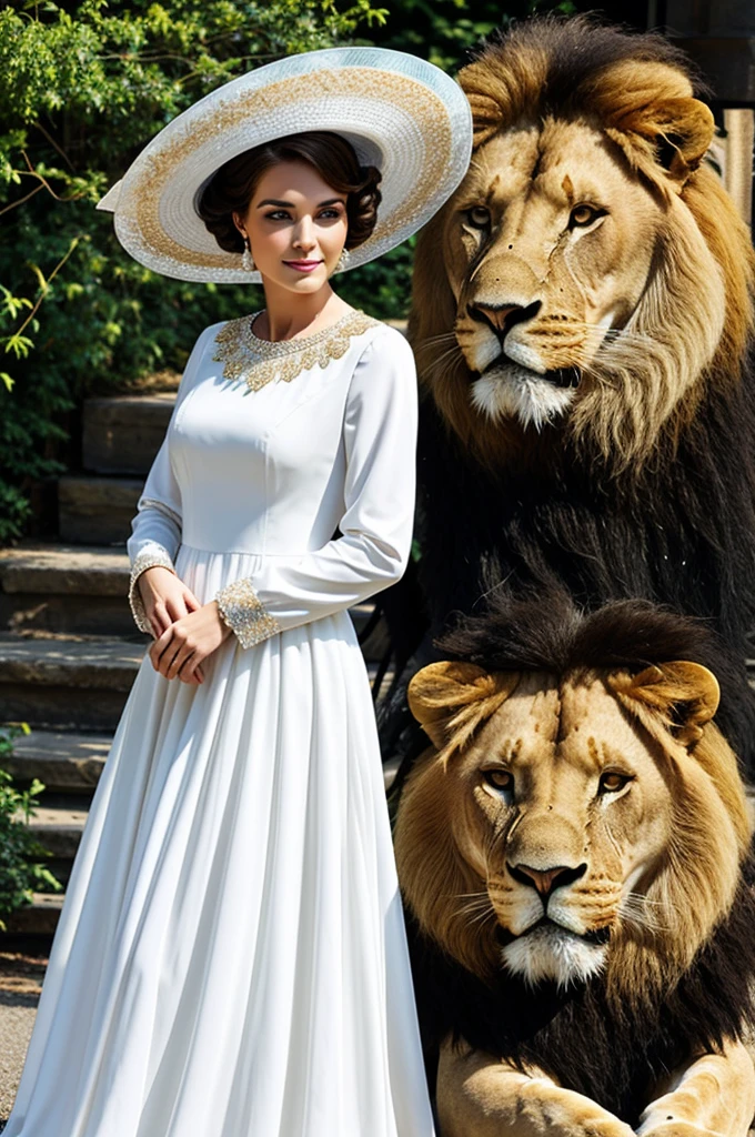 A beautiful lady with a large dress hat and a lion at her side
