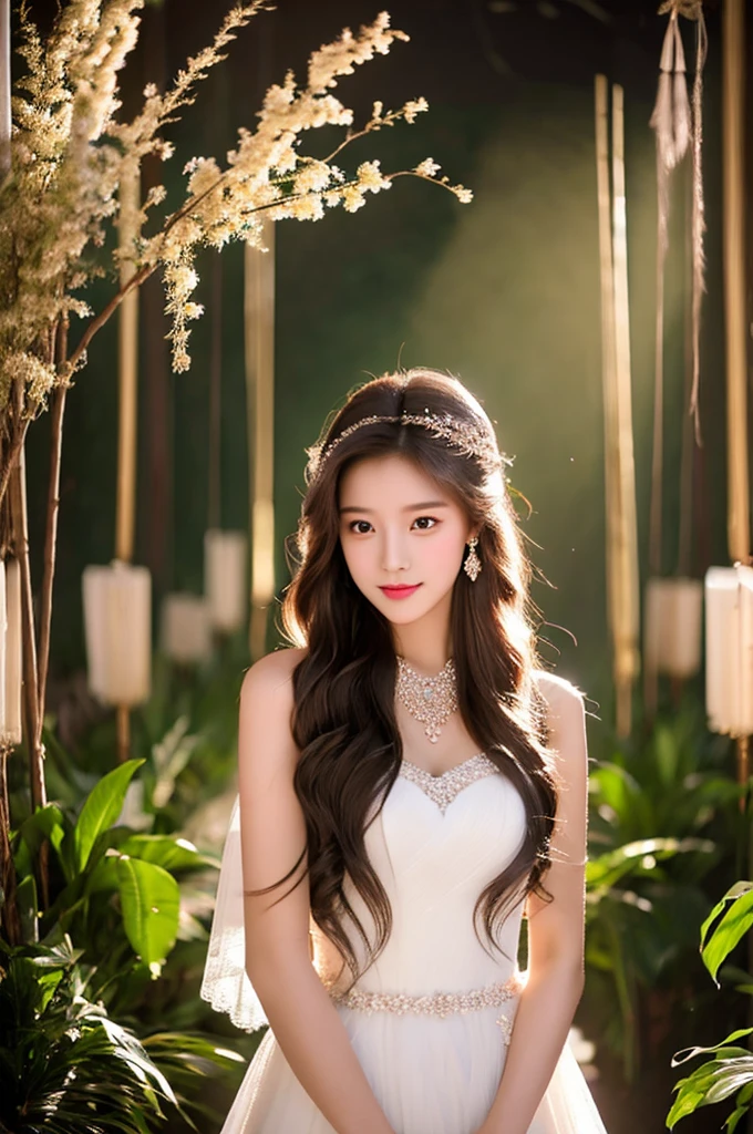 Generate an image of an extraordinarily beautiful 20-year-old Asian woman standing alone, whose beauty rivals that of a goddess of the fire element. She has large brown eyes, dark brown hair, glowing skin, and a captivating appearance. She is wearing a stunning white wedding dress that accentuates her elegance. The woman stands charmingly alone, her beauty appearing as if blessed by nature, in a very romantic and lovely aisle adorned with flowers and soft lighting, exuding a magical and serene atmosphere.