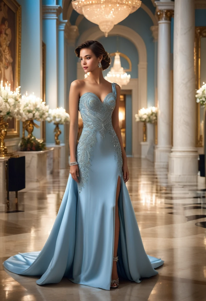 Full length ,"A young woman in an elegant, light blue evening gown one the sholder attending a formal event. She is wearing a uniquely designed and beautiful dress, complemented by luxurious jewelry and accessories. The background features a grand and lavish hall with warm, inviting lighting, showcasing a scene of splendor and beauty."